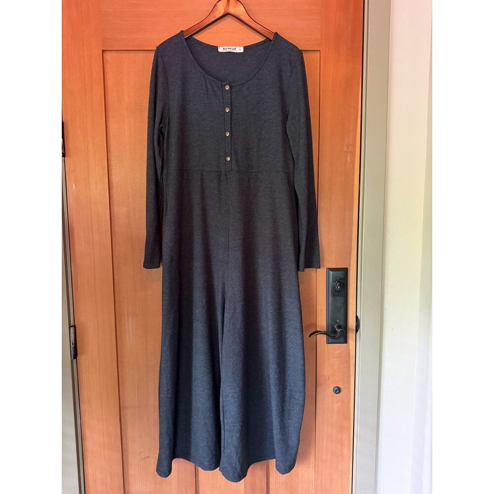Three Bird Nest Simply Comfort Jumpsuit Charcoal Gray Wide Leg Boho Knit XL Pock